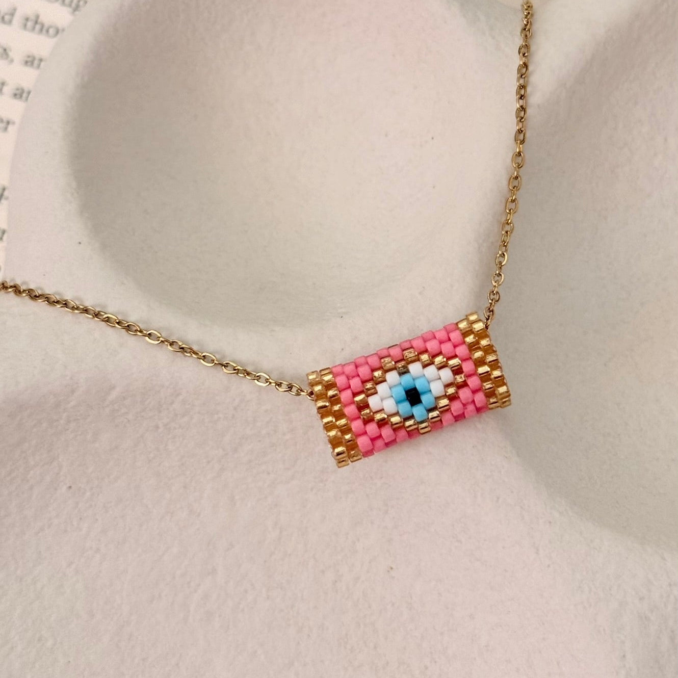Miyuki Evil Eye Bar Necklace – Pink
